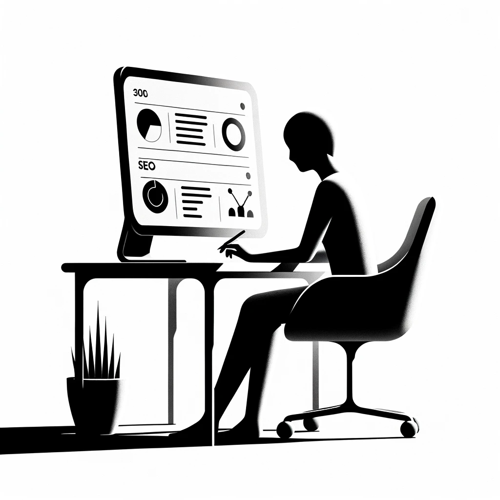 Black and white minimalist vector illustration that gives the impression of a scene shot with an 85mm lens at f_1.2, featuring a digital marketing wor