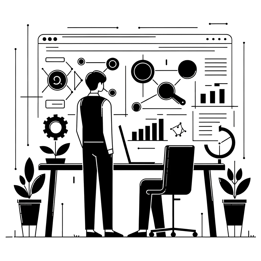 Black and white vector art for website use, showcasing a minimalist digital marketing agency workshop. The scene is conveyed through basic geometric s